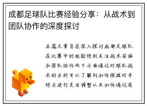 成都足球队比赛经验分享：从战术到团队协作的深度探讨